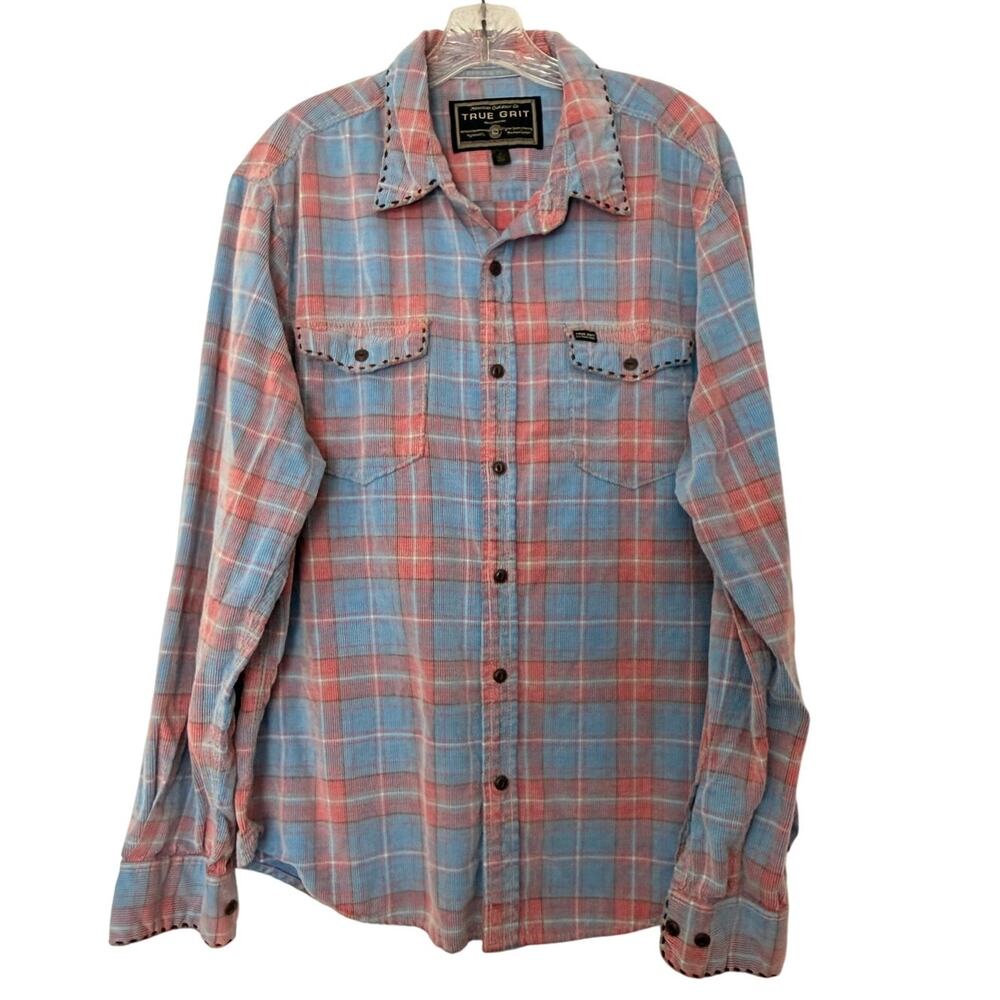 True Grit Men's L Blue Pink Plaid Button Down Shirt Western Boho Whipstitch